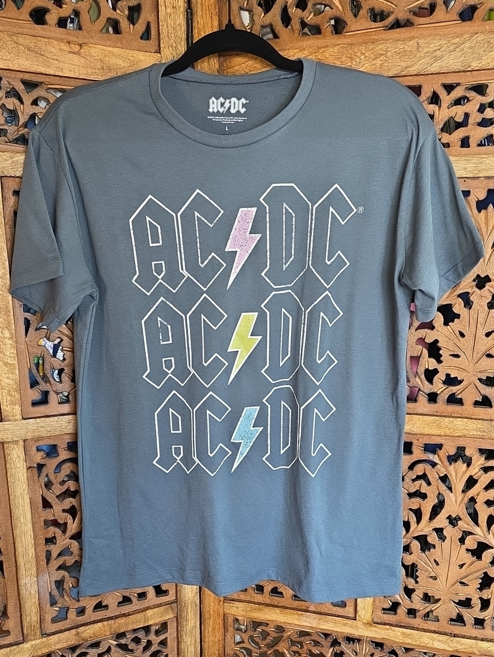 AC/DC Men's Slate Gray Short Sleeve Tee with Pink, Yellow & Blue Bolts